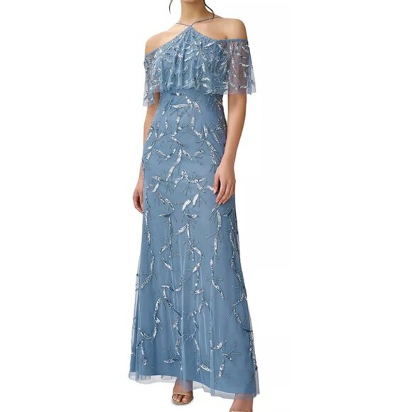 Aidan Mattox Blue Silver Beaded Sequin Off the Shoulder Halter Gown Size 2 NEW - Picture 4 of 7